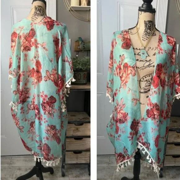 RIAH Green Kimono Floral Fringe Plus EUC 1X 2X L XL - Picture 4 of 8